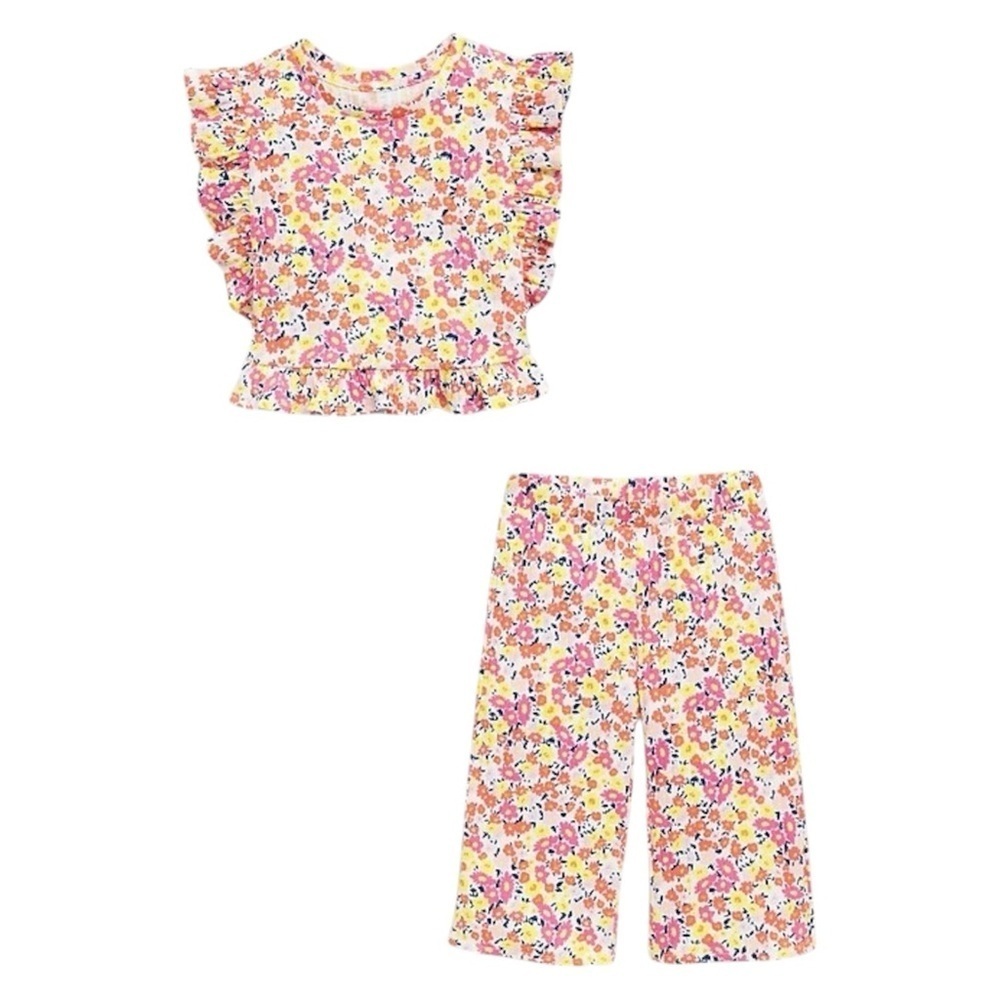 Old Navy Baby Floral Ribbed Short-Sleeve Ruffle-Trim Top and Wide-Leg Pants